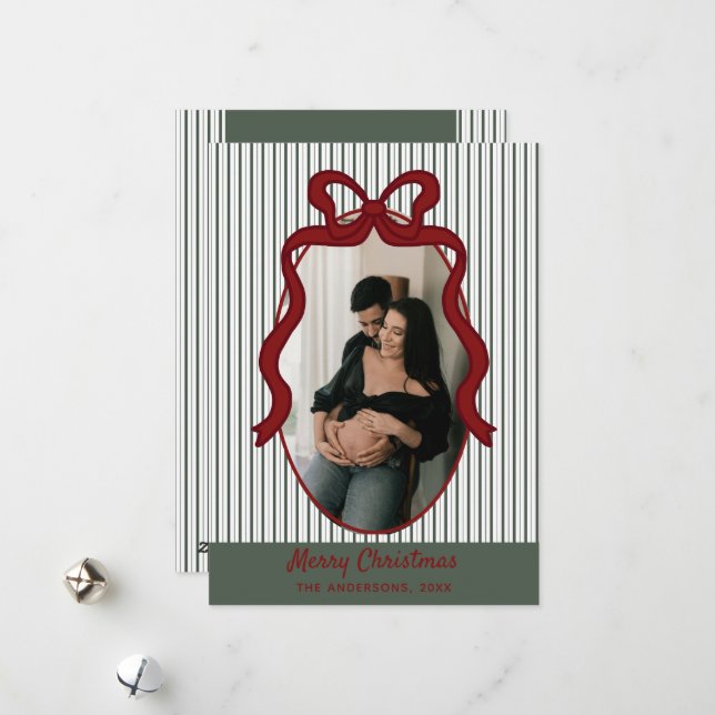 Classic Dark Green Stripes & Red Bow Christmas Holiday Card (Front/Back In Situ)