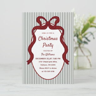 Classic Dark Green Stripes & Red Bow Christmas Invitation
