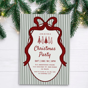 Classic Dark Green Stripes & Red Bow Christmas Invitation