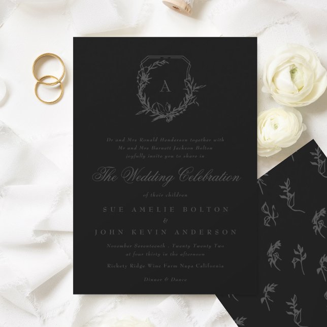classic dark grey black monogram wedding crest invitation (Creator Uploaded)