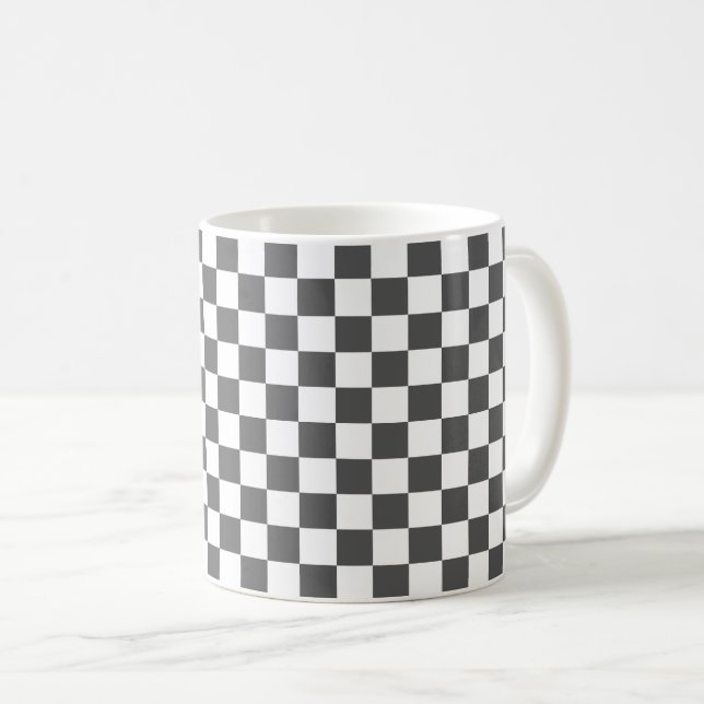 Classic dark grey chequerboard coffee mug (Front Right)