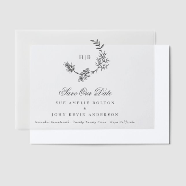 Classic Dark Grey Monogram Wreath Save The Date Vellum Invitations (Offset)