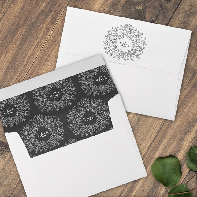Classic dark grey white monogram art wedding envelope (Creator Uploaded)