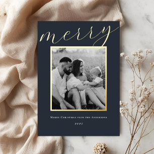 Classic Dark Navy and Gold Frame Family Photo Foil Holiday Card