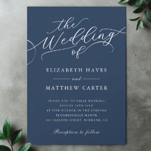 Classic Dark Navy Blue Script Wedding Invitation