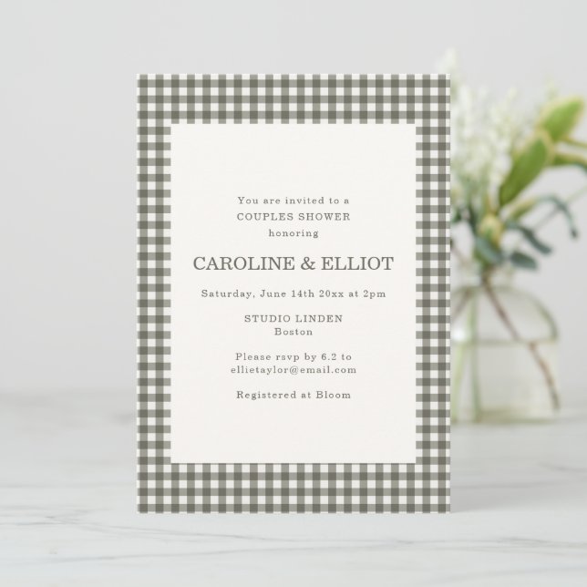 Classic Dark Olive Grey Gingham Couples Shower Invitation (Standing Front)