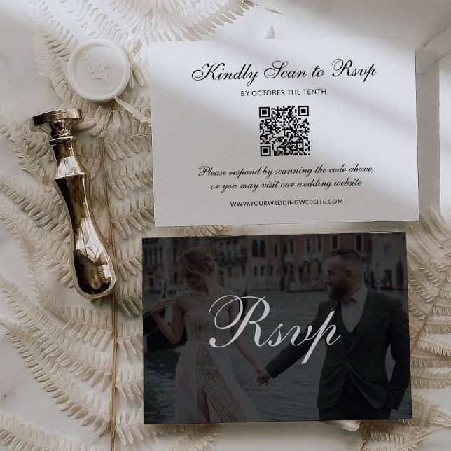 Classic Dark Overlay | QR Code Photo Wedding RSVP Card (Creator Uploaded)