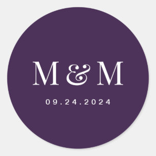 Classic Dark Purple Monogram Typography Wedding Round Sticker