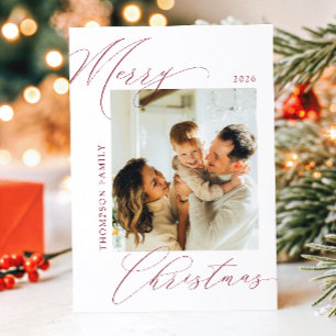 Classic Dark Red Merry Christmas Family Photo Holiday Card