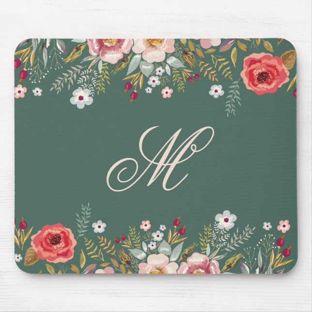 Classic Dark Sage Green Floral Custom Initial Mouse Mat (Front)