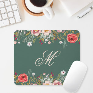 Classic Dark Sage Green Floral Custom Initial Mouse Mat