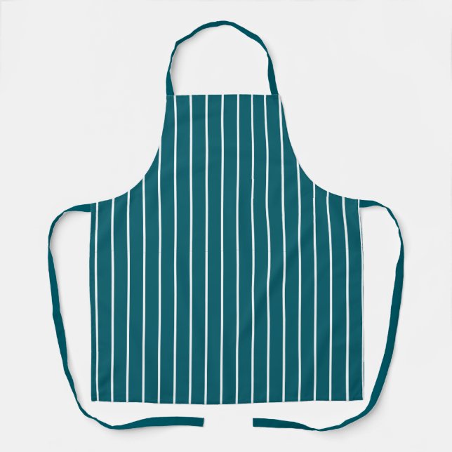 Classic Dark Teal Blue and White Thin Stripes Apron (Front)
