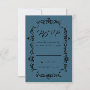 Classic Dark Teal Blue Ornately Framed Wedding RSVP Card