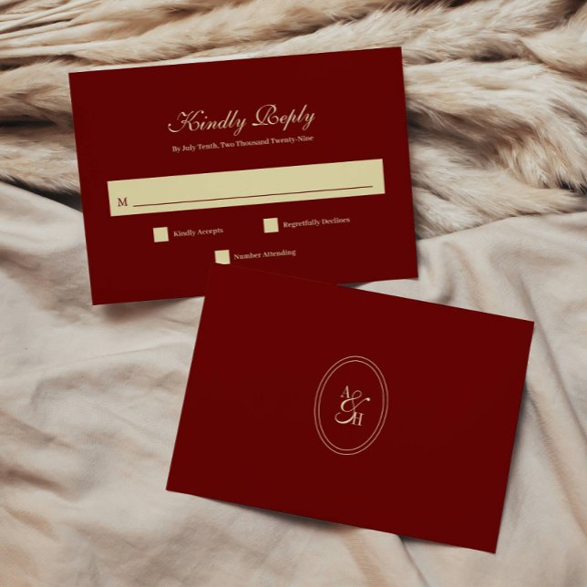 Classic Dark Wine Red Script Monogram Wedding RSVP Card (Creator Uploaded)