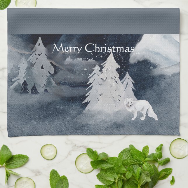 Classic dark winter scene with fox Christmas  Tea Towel (Folded)
