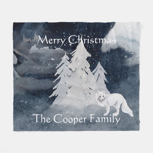 Classic dark winter scene with fox personalised fleece blanket (Front (Horizontal))
