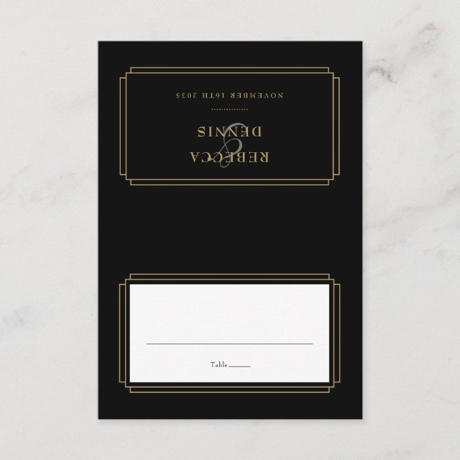 Classic Deco Black and Gold Wedding Place Card (Front)