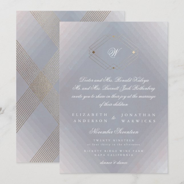 Classic Deco Gold Vintage Grey Calligraphy Wedding Invitation (Front/Back)