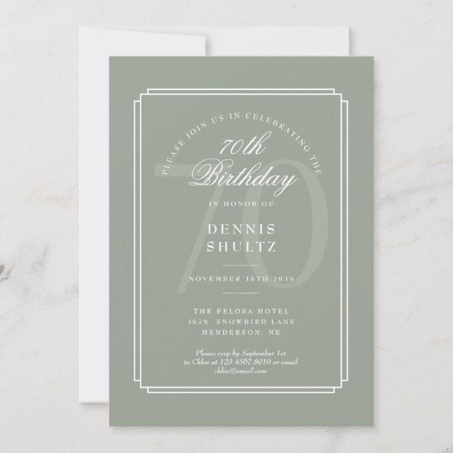 Classic Deco | Sage and White 70th Birthday Invitation (Front)