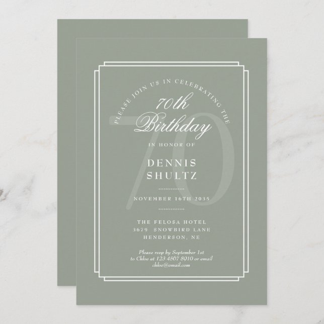 Classic Deco | Sage and White 70th Birthday Invitation (Front/Back)