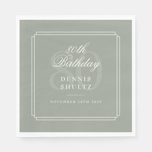 Classic Deco | Sage and White 80th Birthday Napkin (Front)