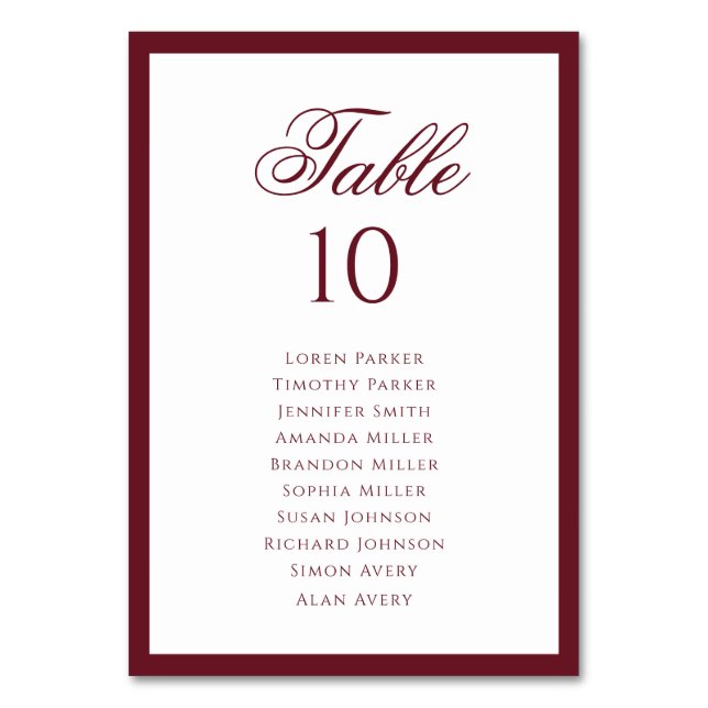 Classic Deep Burgundy Border Wedding Seating Chart Table Number (Front)