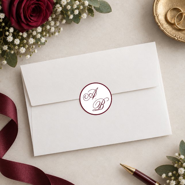 Classic Deep Burgundy Monogram Script Wedding Round Sticker (Creator Uploaded)