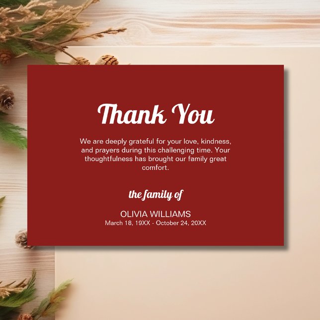 Classic Deep Burgundy Traditional Funeral Sympathy Thank You Card (Creator Uploaded)