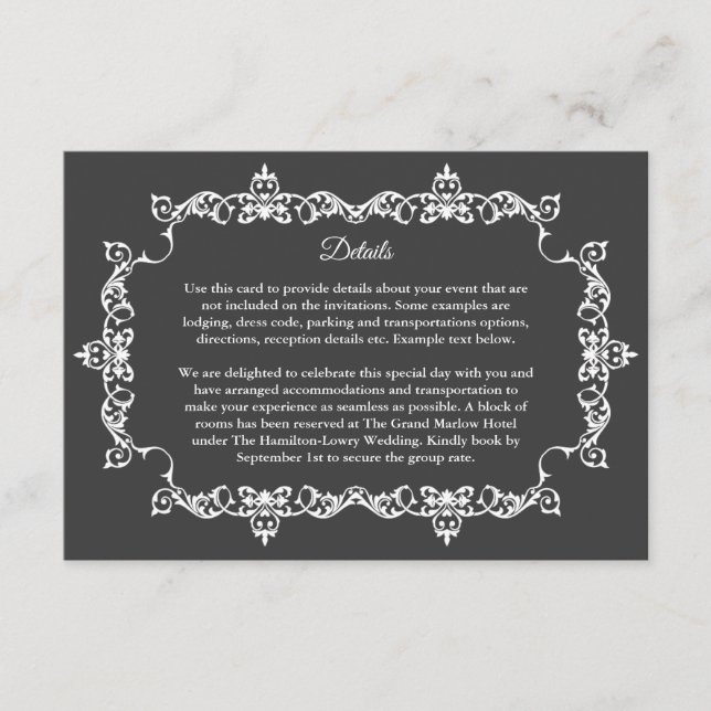 Classic Deep Charcoal Gray Ornately Framed Wedding Enclosure Card (Front)