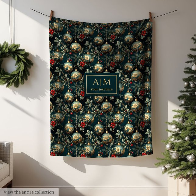Classic deep green and gold luxury baubles throw fleece blanket (Classic deep green and gold luxury baubles throw wrap)