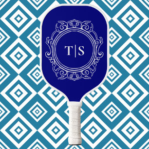 Classic Deep Navy Blue Ornate Monogram Pickleball Paddle