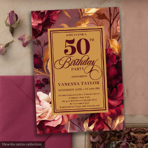 Classic deep red blush gold floral 50th birthday  invitation