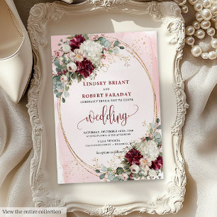 Classic deep red blush gold floral wedding invites