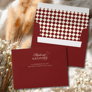Classic Deep Red Ivory Chequered Old Money Wedding Envelope