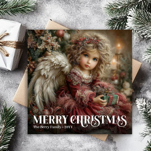 Classic Deep Red Victorian Angel Gold Christmas  Holiday Card