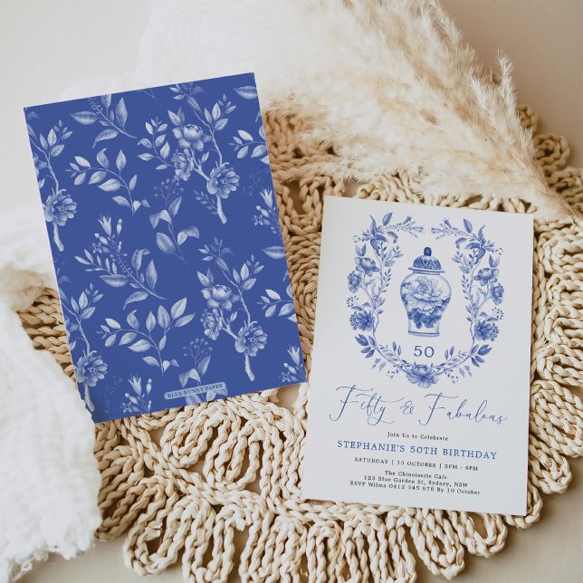 Classic Delft Blue Floral Ginger Jar 50th Birthday Invitation (Creator Uploaded)