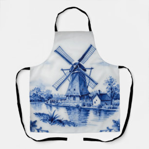 Classic Delft Blue Windmill Canal Scene Apron
