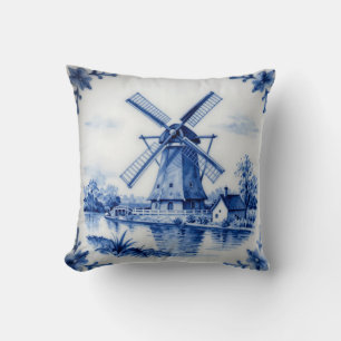 Classic Delft Blue Windmill Canal Scene Cushion