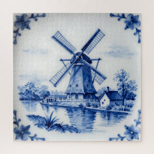 Classic Delft Blue Windmill Canal Scene Jigsaw Puzzle