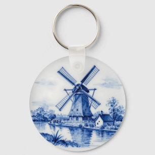 Classic Delft Blue Windmill Canal Scene Key Ring