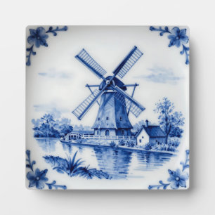 Classic Delft Blue Windmill Canal Scene Plaque