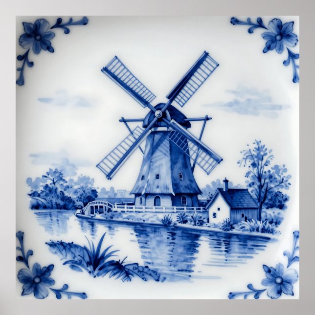 Classic Delft Blue Windmill Canal Scene Poster (Front)