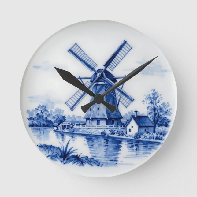 Classic Delft Blue Windmill Canal Scene Round Clock (Front)