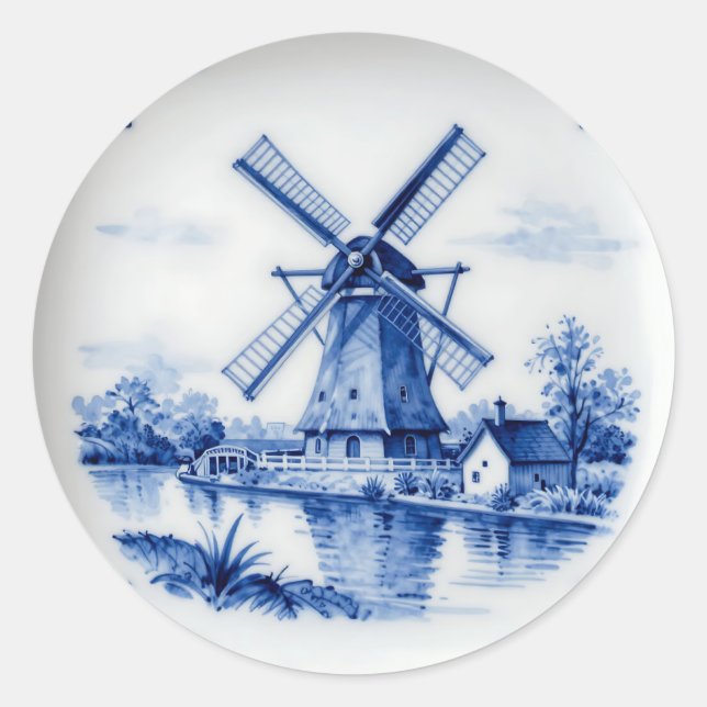 Classic Delft Blue Windmill Canal Scene Round Sticker (Front)