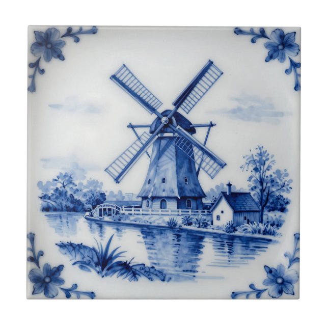 Classic Delft Blue Windmill Canal Scene Tile (Front)