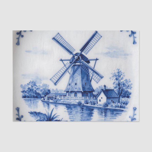 Classic Delft Blue Windmill Canal Scene Tissue Paper (Front)