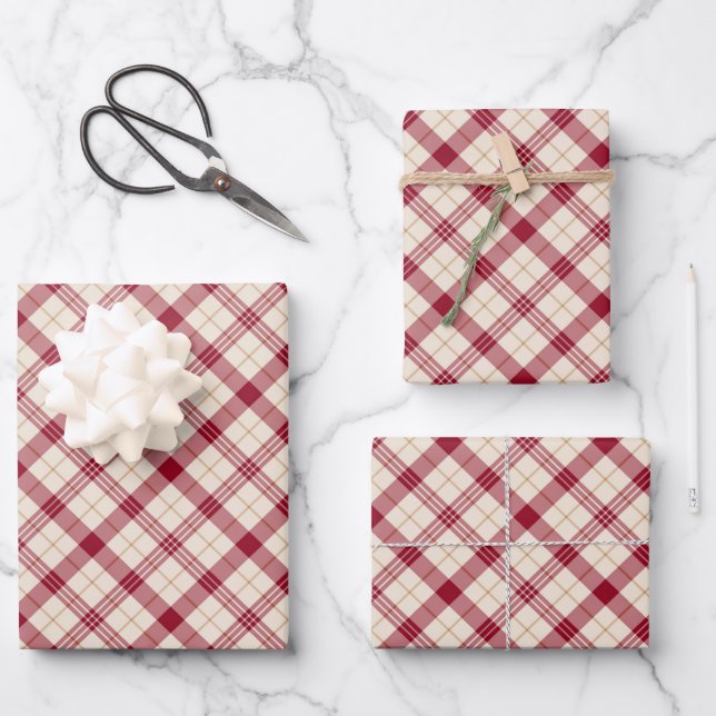 Classic diagonal tartan plaid burgundy off white wrapping paper sheet (Front)
