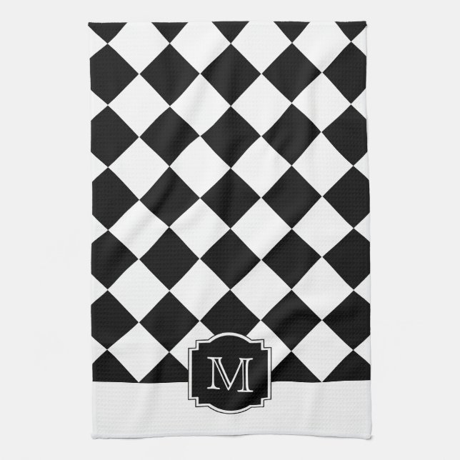 Classic Diamonds Monogram - Black White Tea Towel (Vertical)