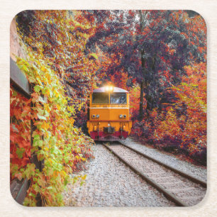 Classic Diesel Train Engine in the Fall Square Paper Coaster