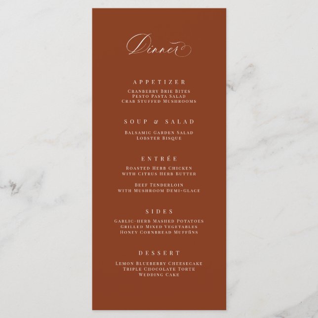 Classic Dinner Menu Wedding Reception Meal Card (Front)